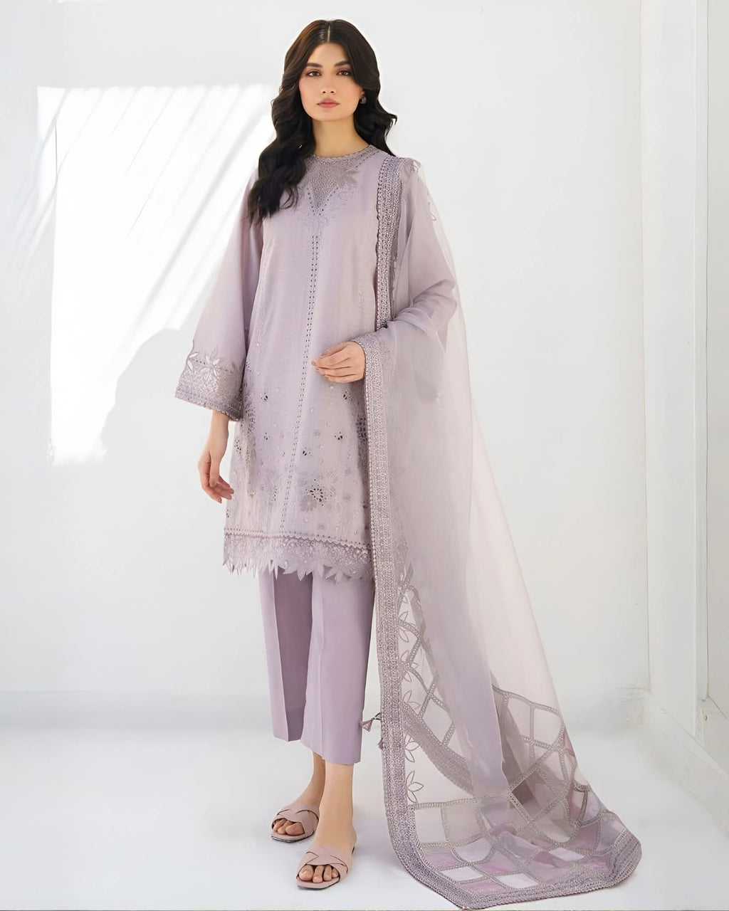 Lilac Embroidered 3 Piece Suit for Women