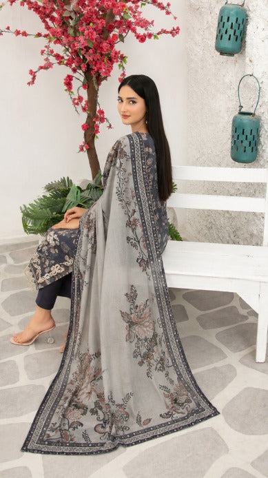 Charcoal Grey Floral Printed Premium 3 Piece Unstitched Suit