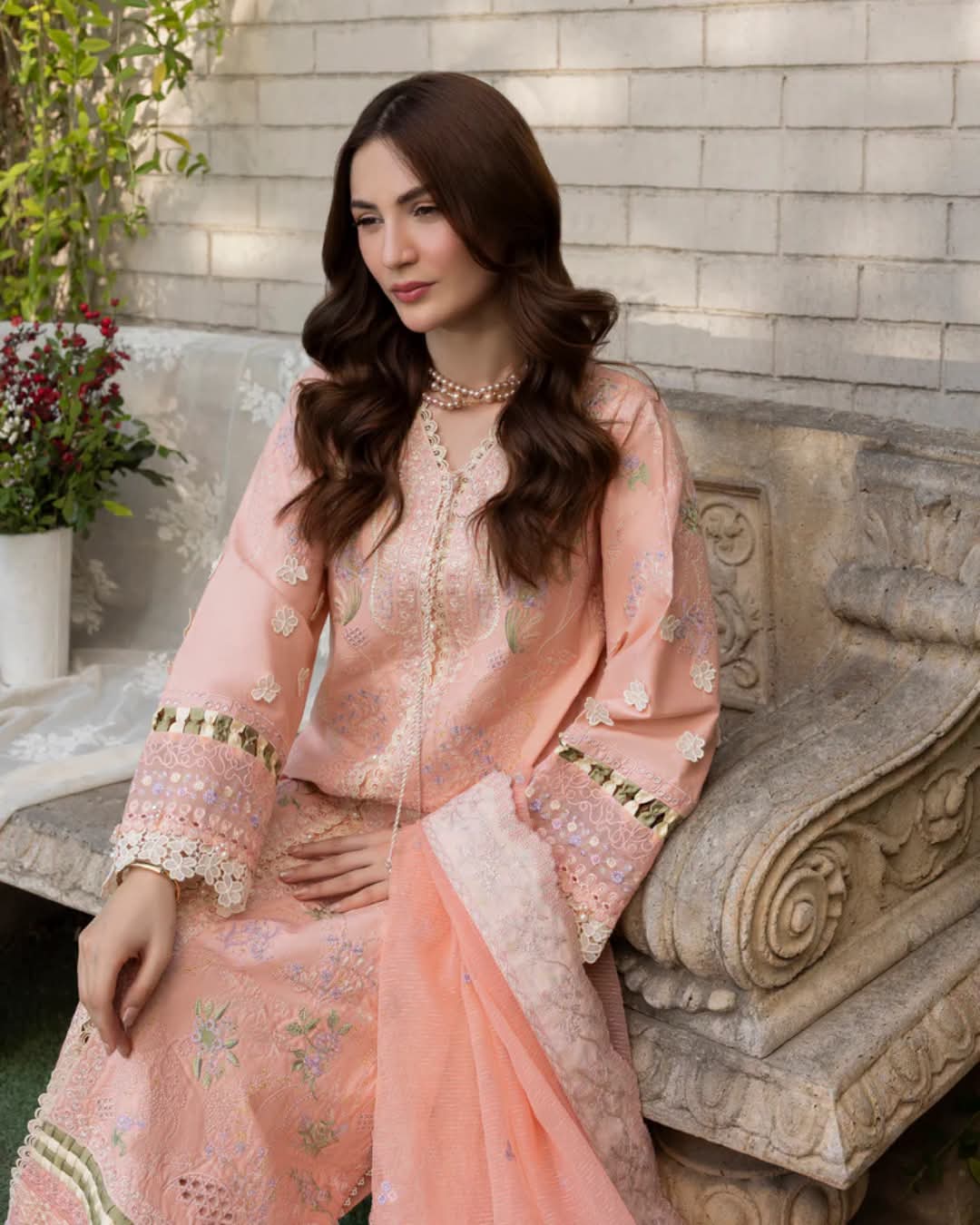 Peach Luxury Embroidered 3 Piece Lawn Suit for Women